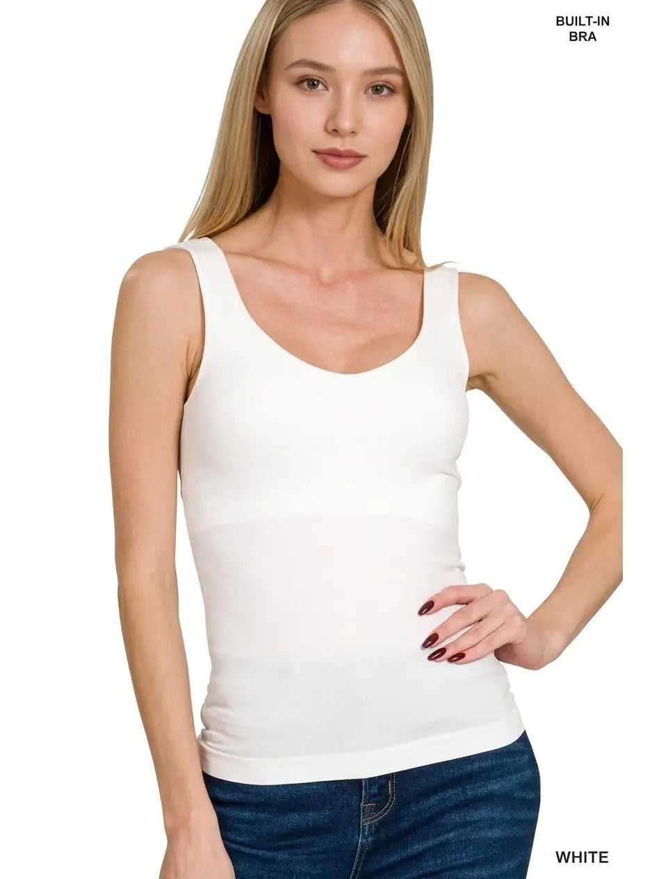 WHITE SEAMLESS TANK WITH BUILT IN BRA