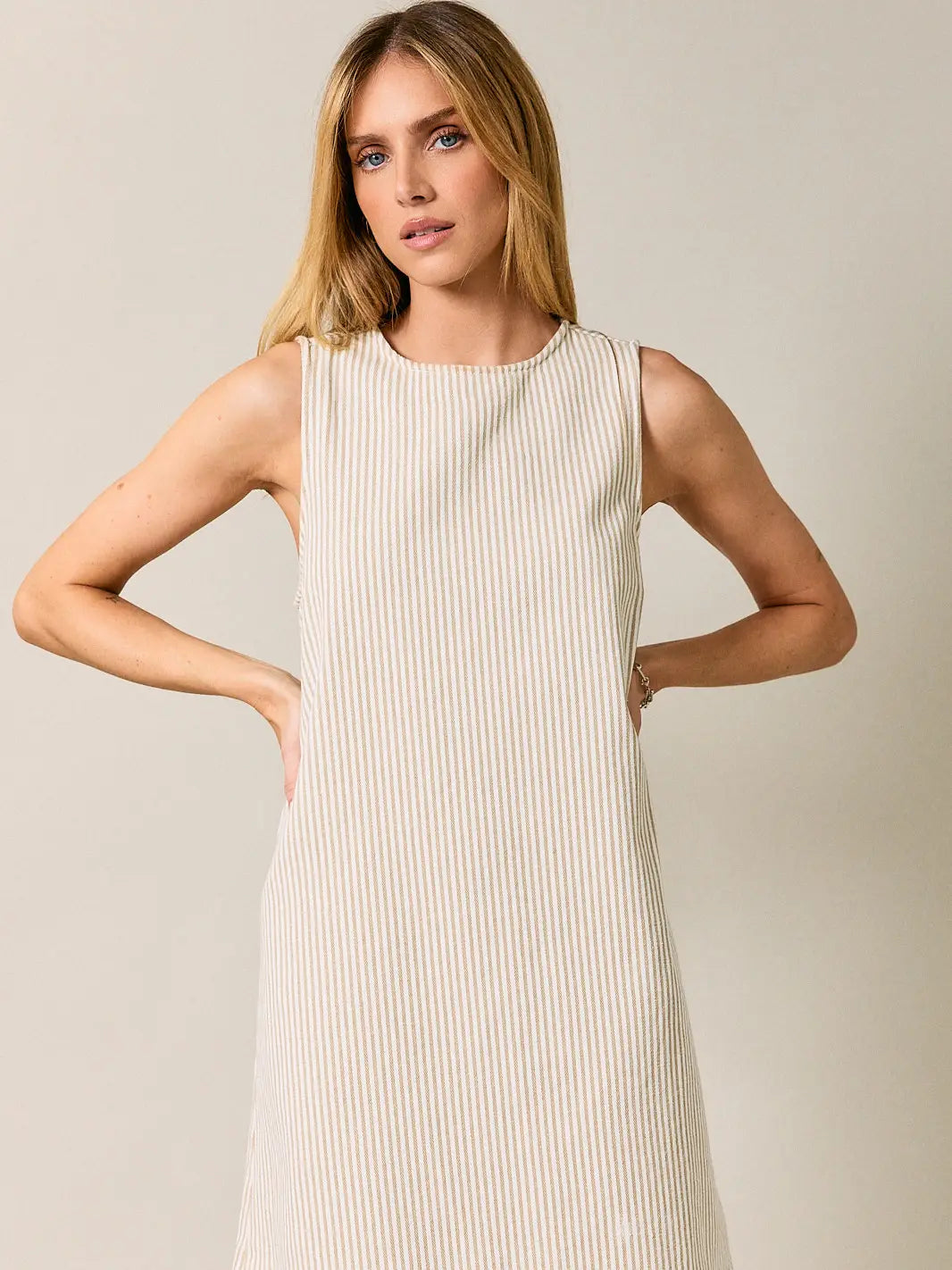 Taupe and White Sleeveless Striped Denim A-Line Mini Dress
