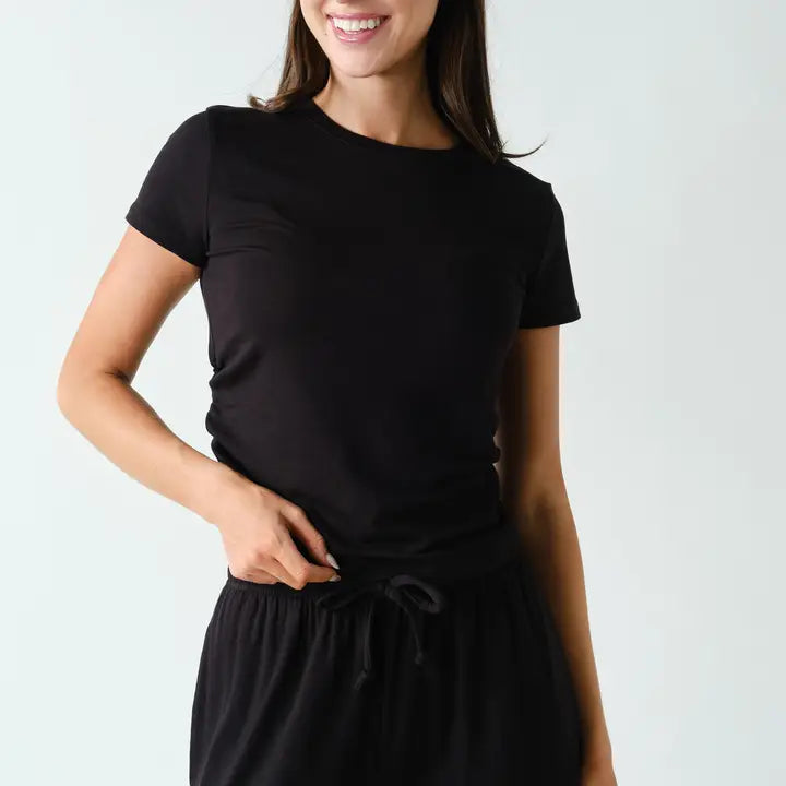 Black Short-Sleeved Ruched Two-Piece Set