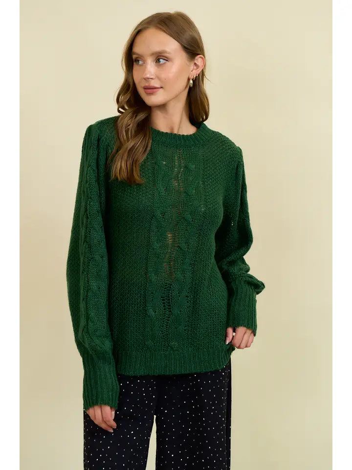 Forest Green Cable Pointelle Puff Sleeve Sweater Top