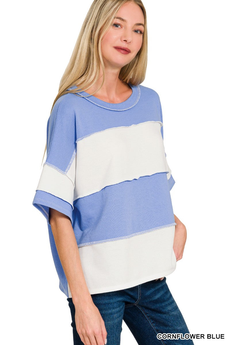 French Terry Color Block Exposed Seam Top in Cornflower Blue