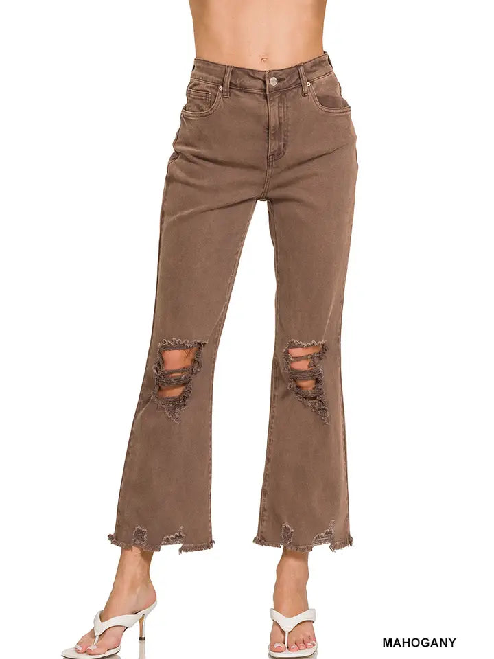 Mahogany Acid Washed High Waist Distressed Pants
