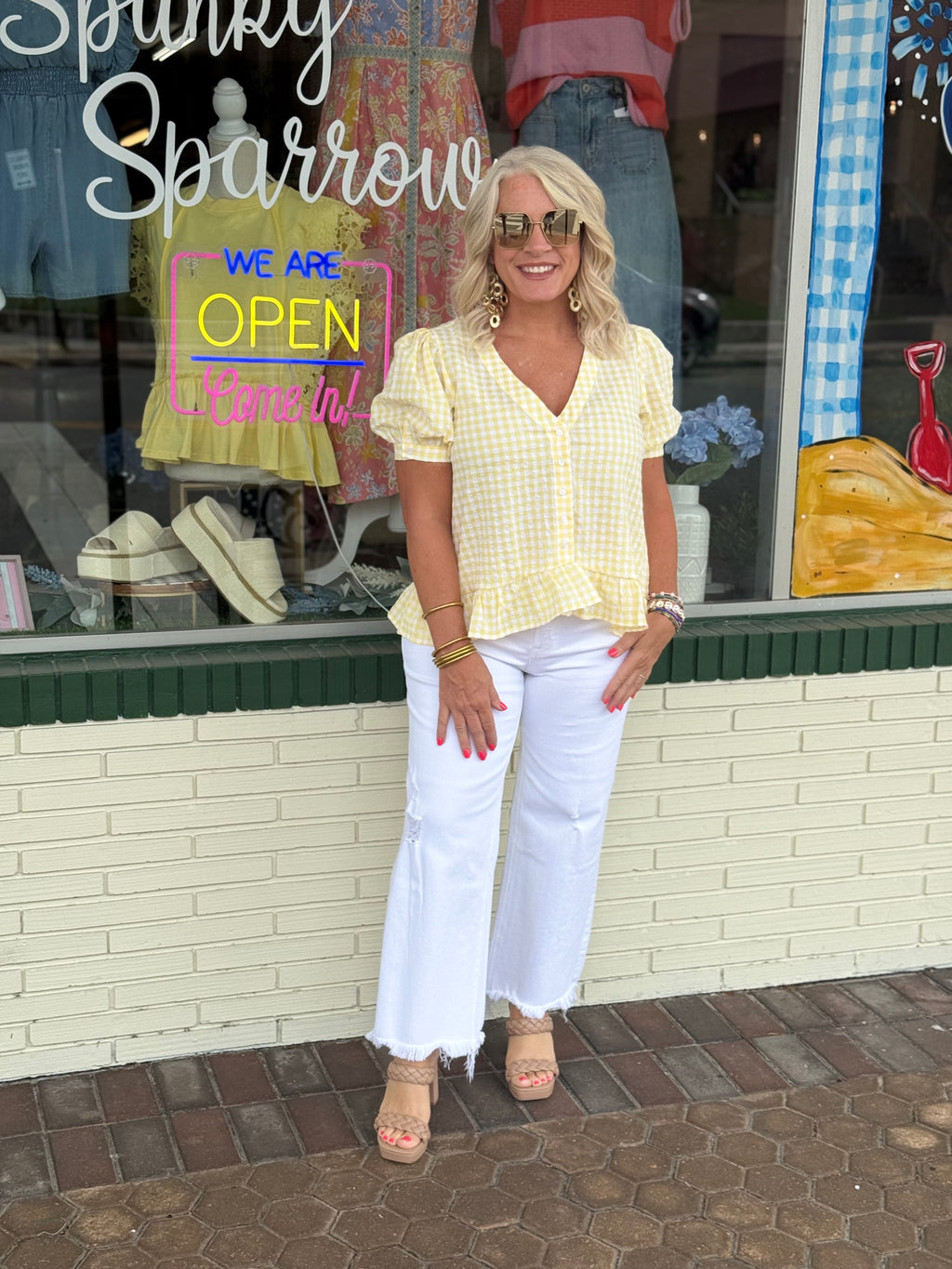 Yellow Gingham Short Puff Sleeves V-Neck Blouse Top