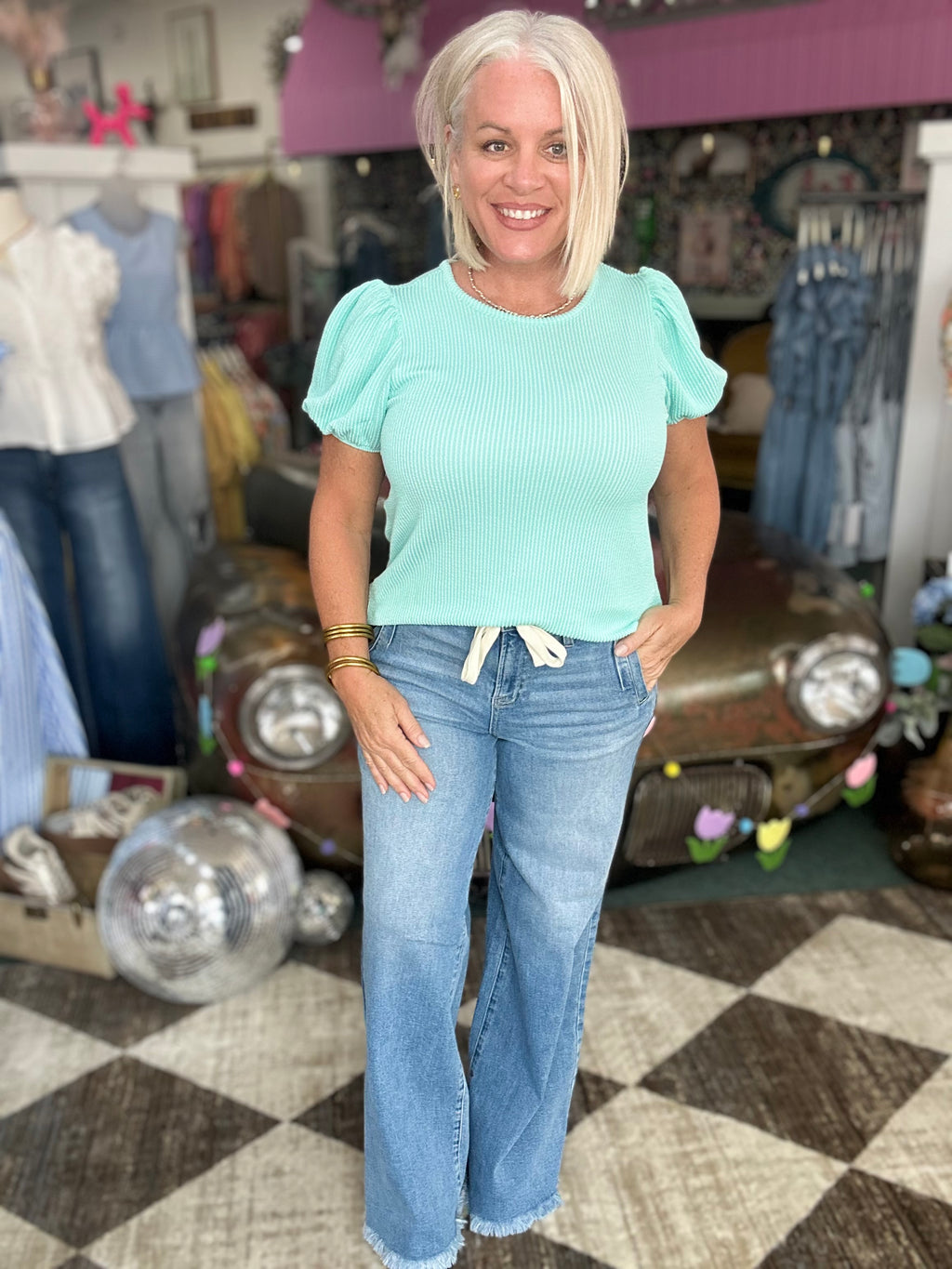 Risen High Rise Front Tie Wide Leg Jeans
