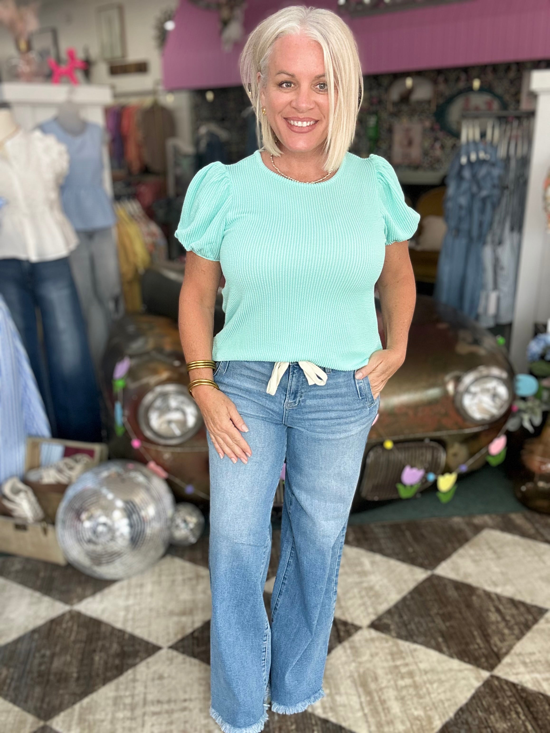 Risen High Rise Front Tie Wide Leg Jeans