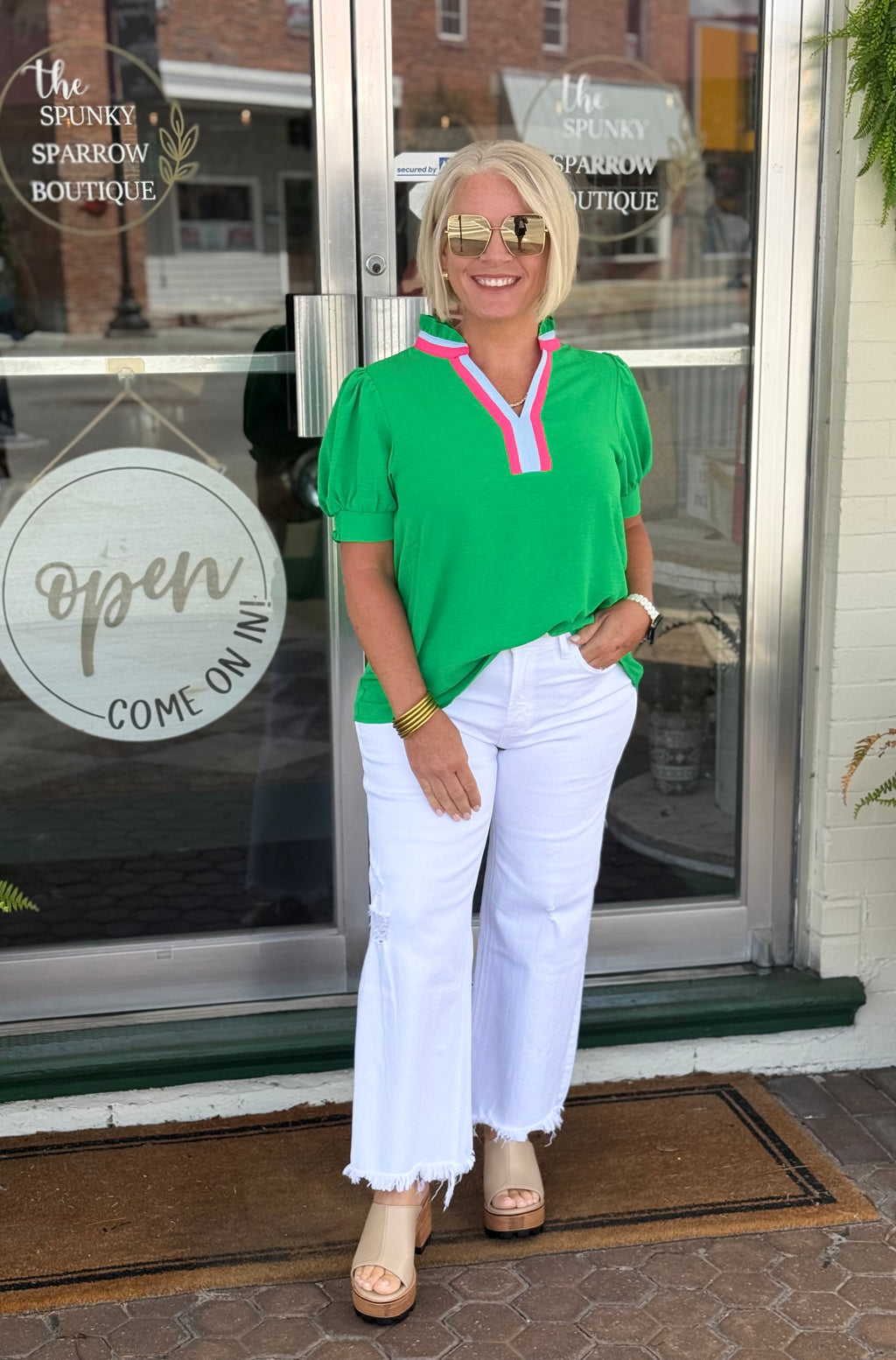 Green Ruffled Neckline border trim Top