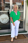Green Ruffled Neckline border trim Top