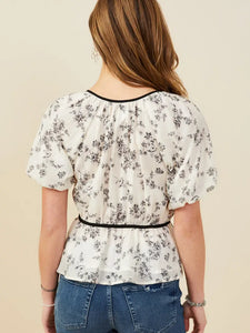 Womens Double Bow Detail Textured Floral Top