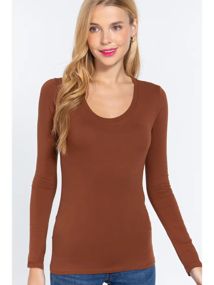 Truffle Brown Fitted Long Sleeve Scoop Neck Top