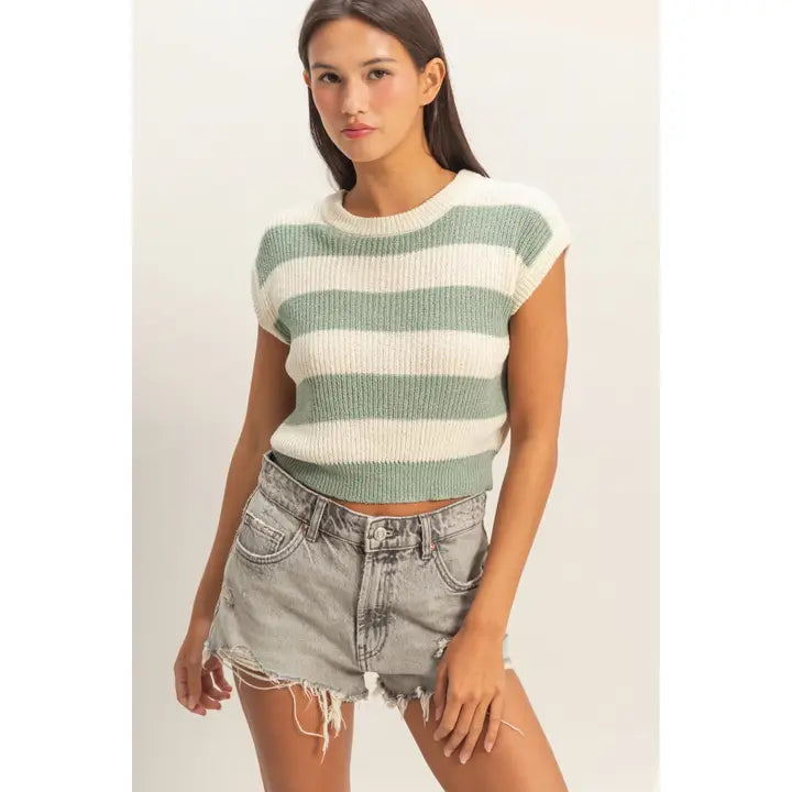 Sage Green Striped Ribbed Knit Top