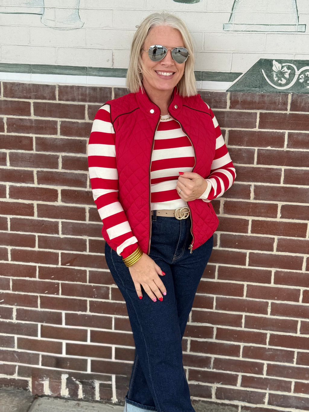 Red and Ivory Crew Neck Stripe Fitted Sweater