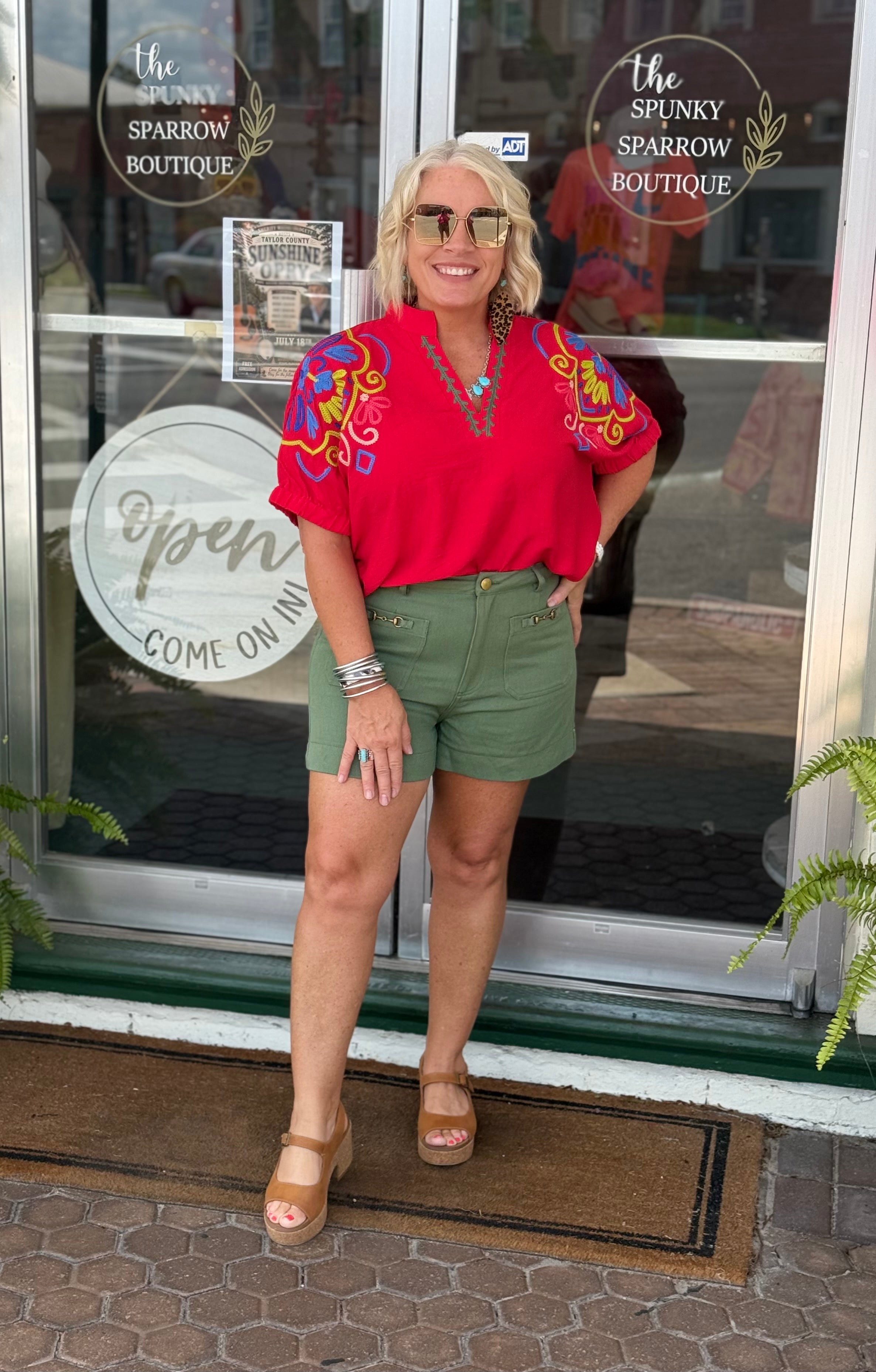 Olive Patch Pocket Horsebit Detail Shorts