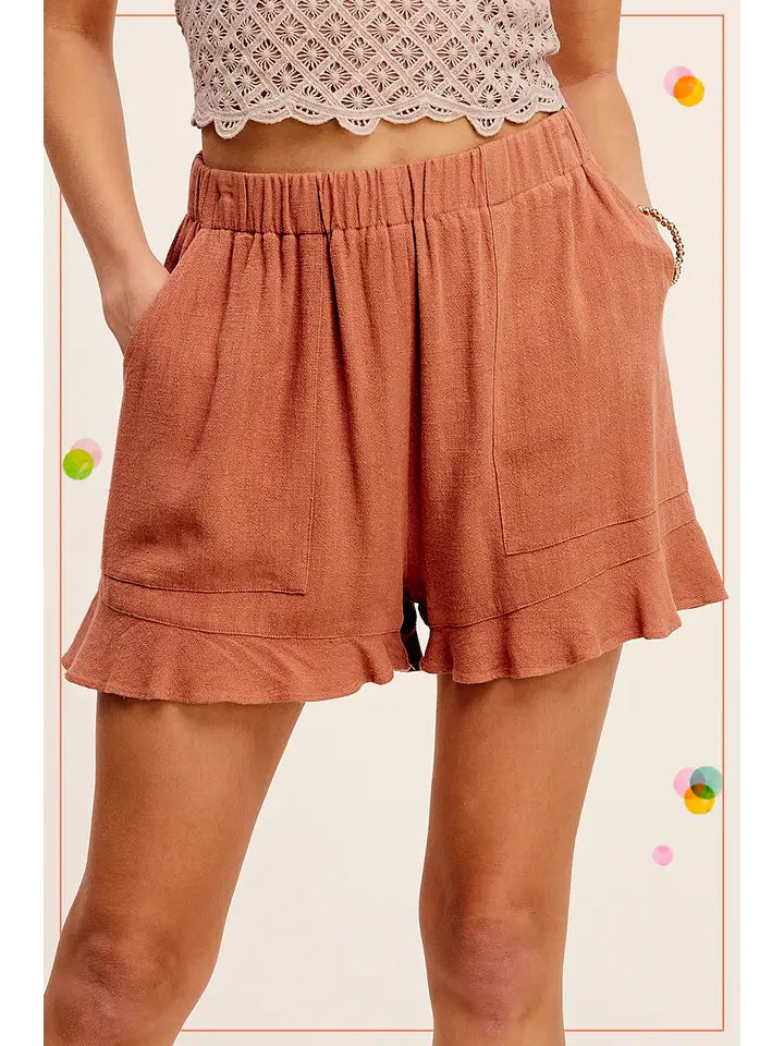 Rust Flared Hem Elastic Band Shorts with Front Pockets