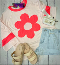 Load image into Gallery viewer, Neon coral/ white flower patch oversized tee
