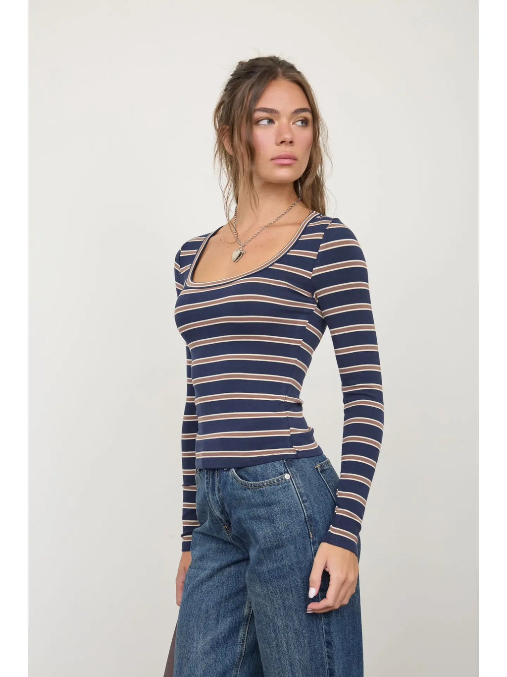Navy Scoop Neck Multi-Stripe Long Sleeve Knit Top