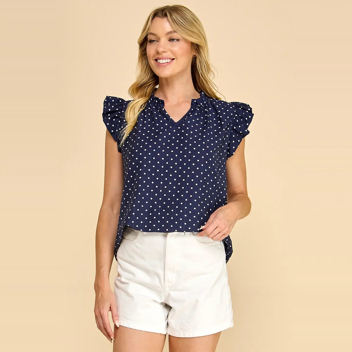 Navy Ruffle Sleeve Polka Dot Blouse