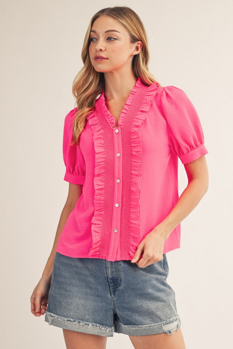 Hot Pink Ruffle Detail Button Down Crinkled Top