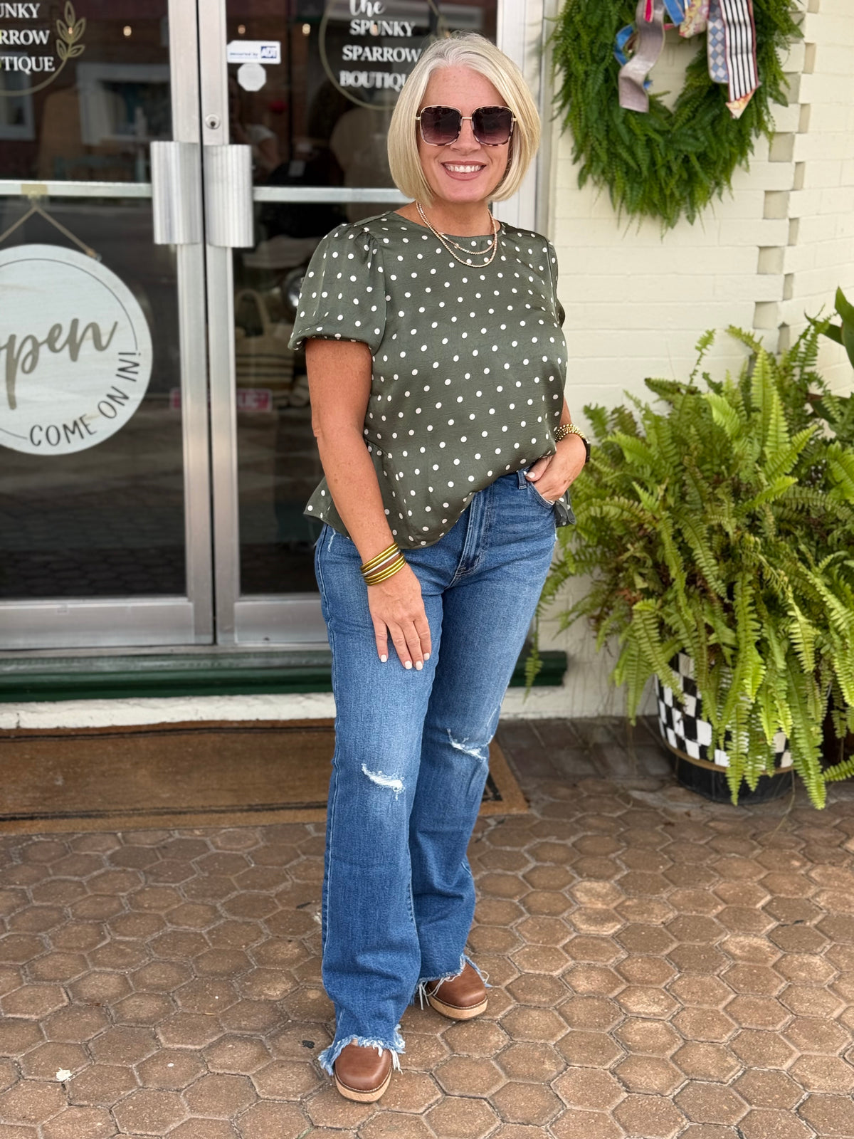 Olive Polka Dot Peplum Blouse