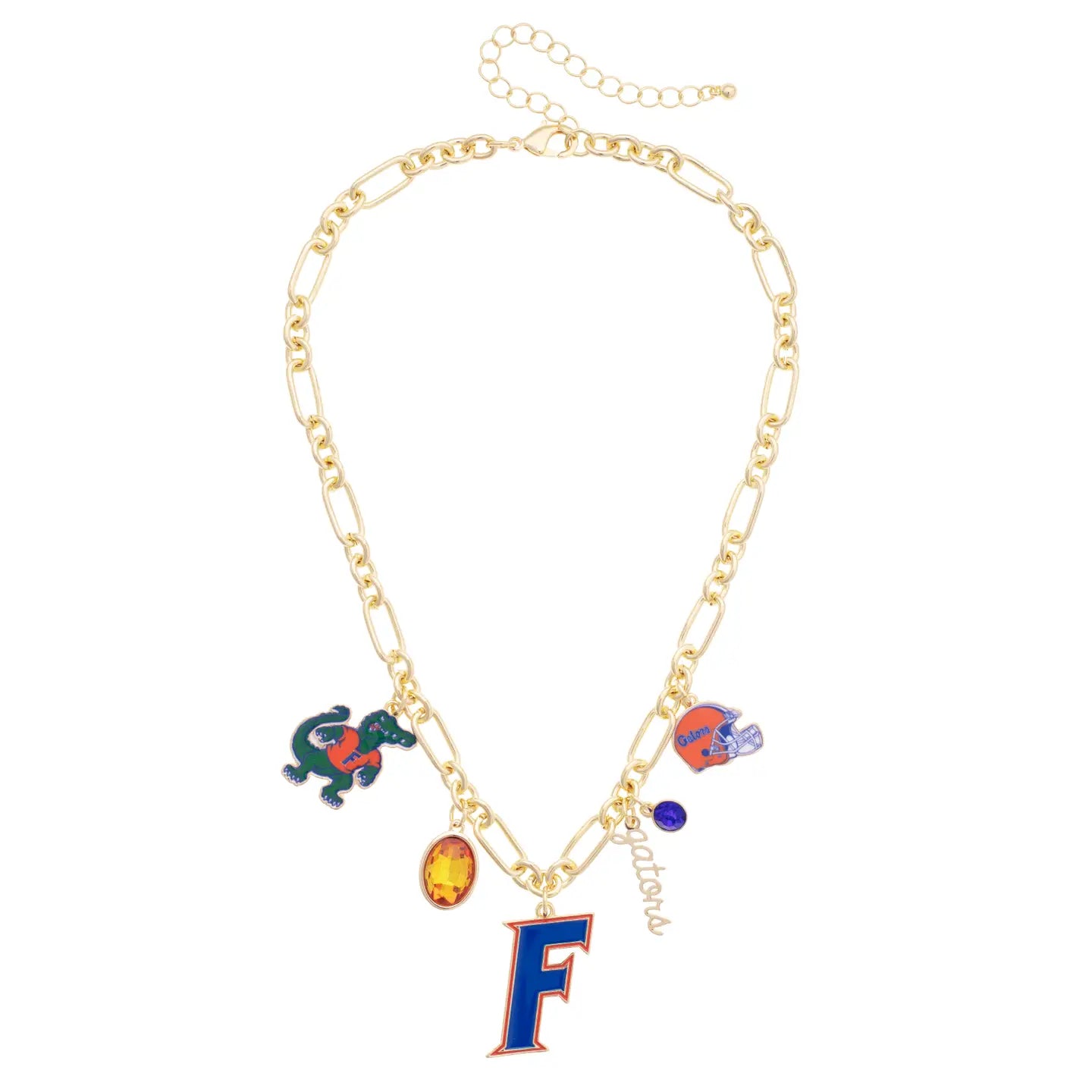 Gold chain necklace with multiple charms, including a large 'F' charm and Gators-themed designs in orange and blue.