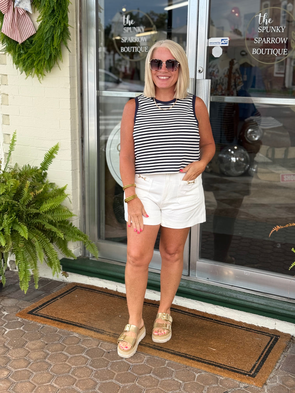 Navy Striped Ribbed Sleeveless Top
