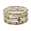 Brown Crystal and Gold Beaded Set of 5 with Crosses Stretch Bracelet