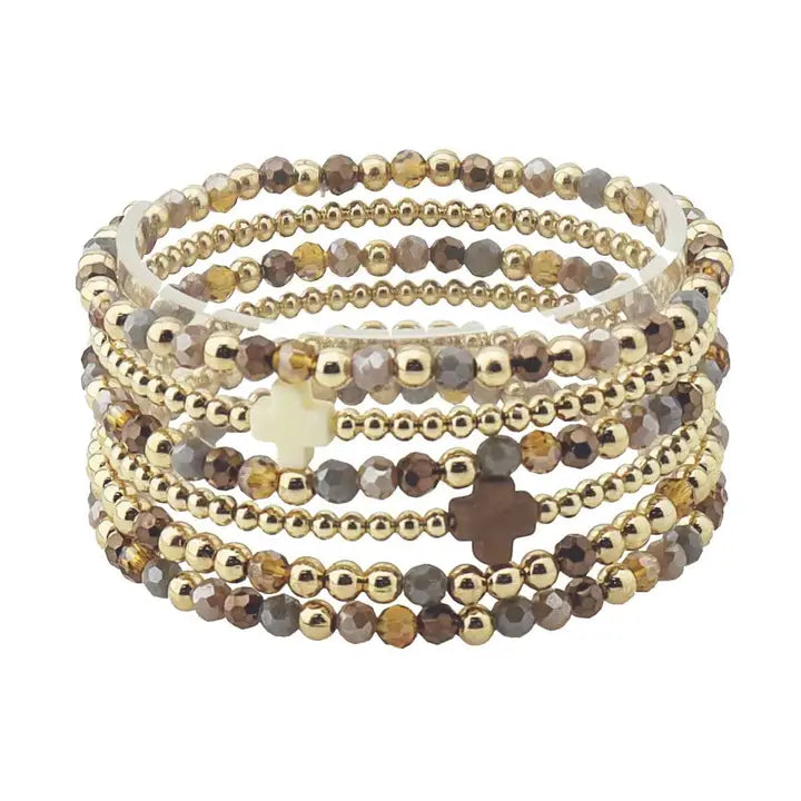 Brown Crystal and Gold Beaded Set of 5 with Crosses Stretch Bracelet