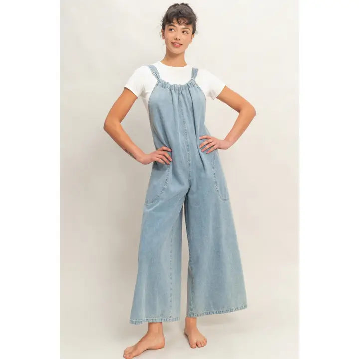 Light Blue Denim Adjustable Strap Jumpsuit
