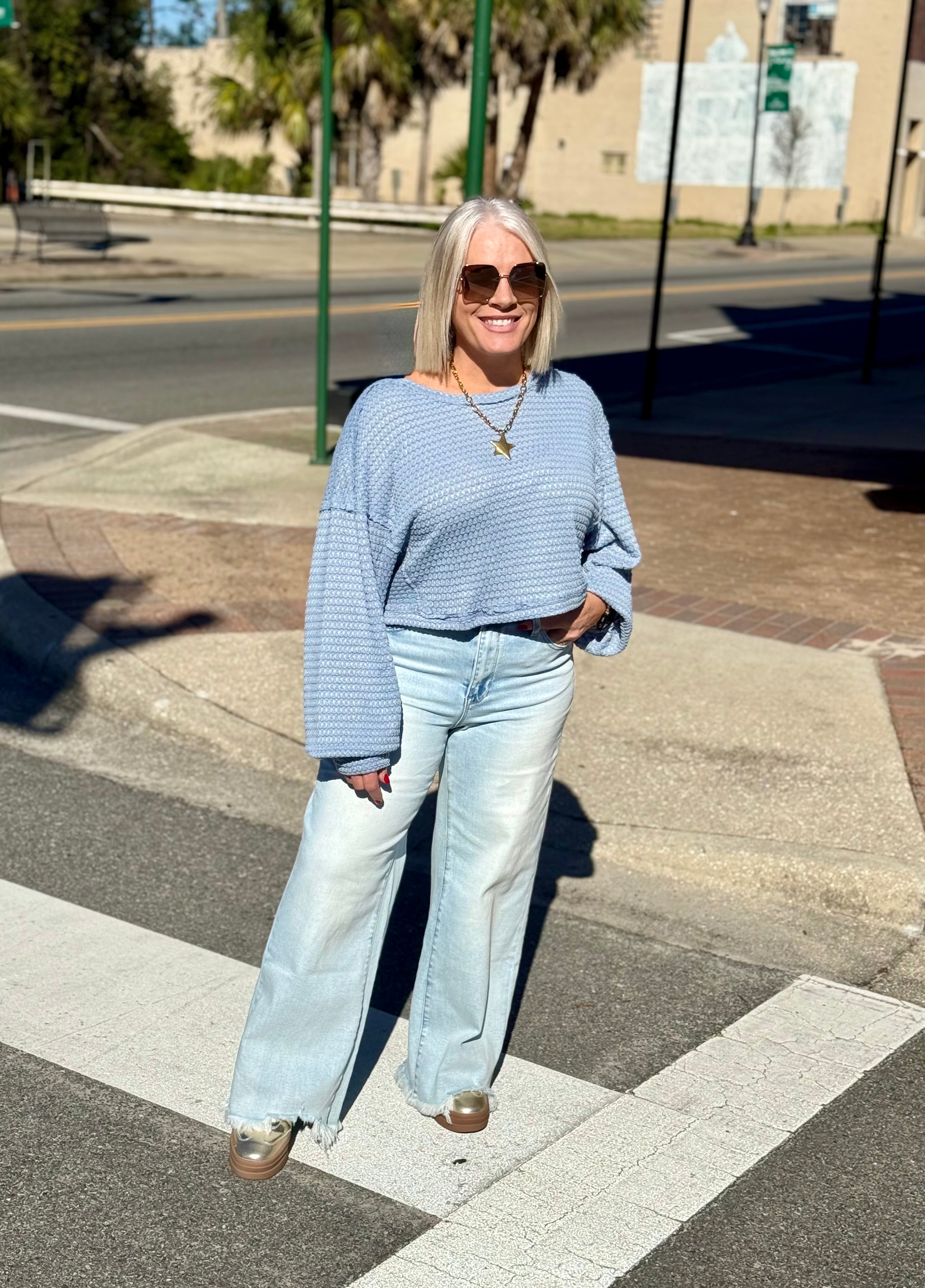 BLUE Oversized Waffle Top