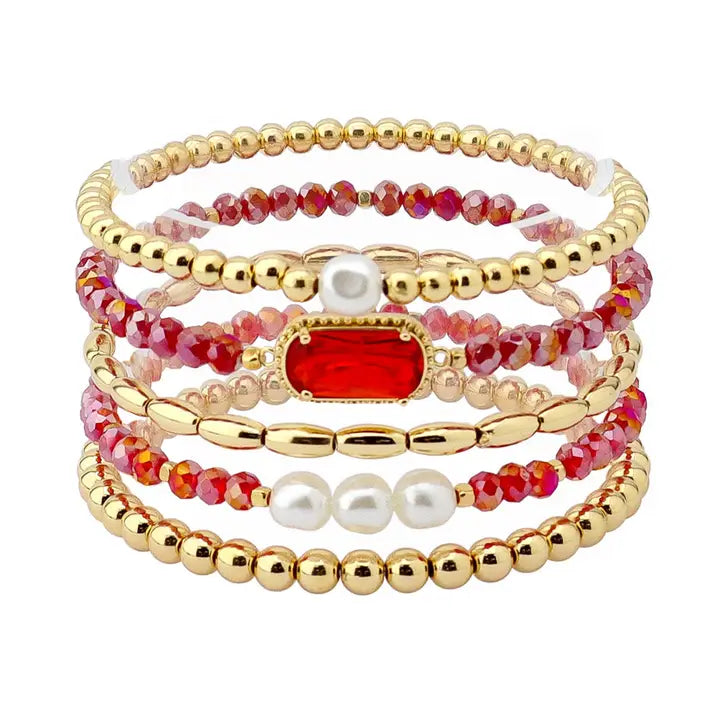 Set of 5 Red Crystal, Pearl, and Gold Stretch Bracelets
