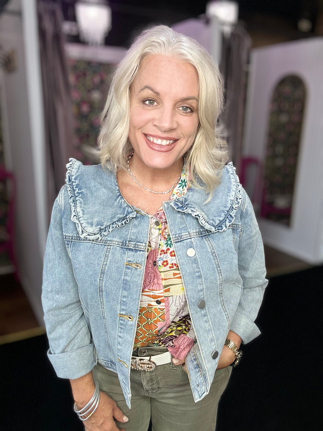 Womens Ruffle Collar Denim Jacke