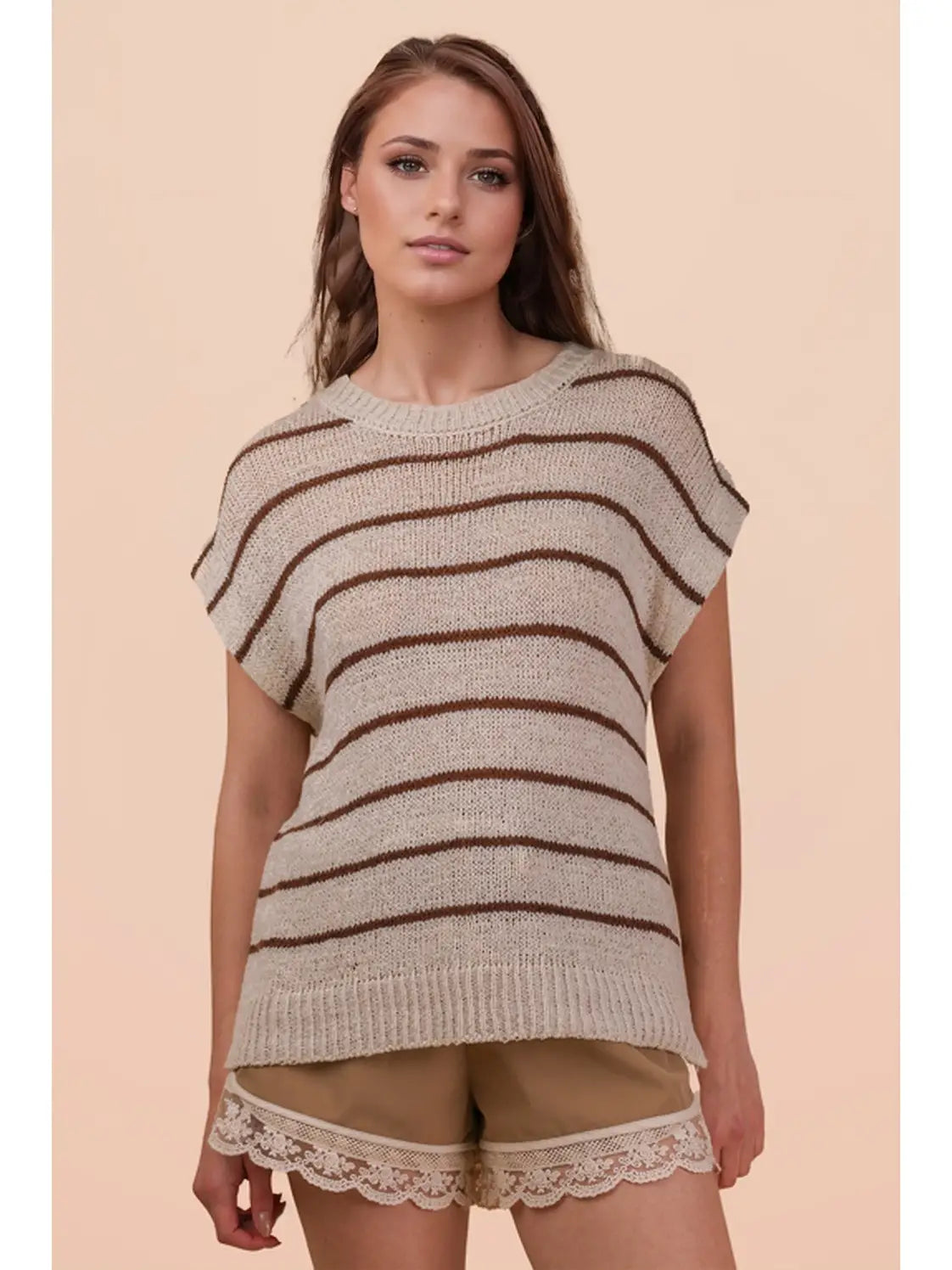 Natural Striped Knit Sweater Vest Top
