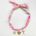 Scarf Necklace Hot Pink/White with 1.25" Bubble Cross, Heart, and Rhinestone Starburst
