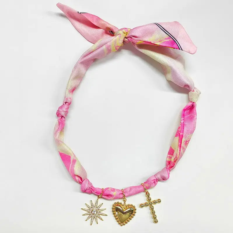 Scarf Necklace Hot Pink/White with 1.25" Bubble Cross, Heart, and Rhinestone Starburst
