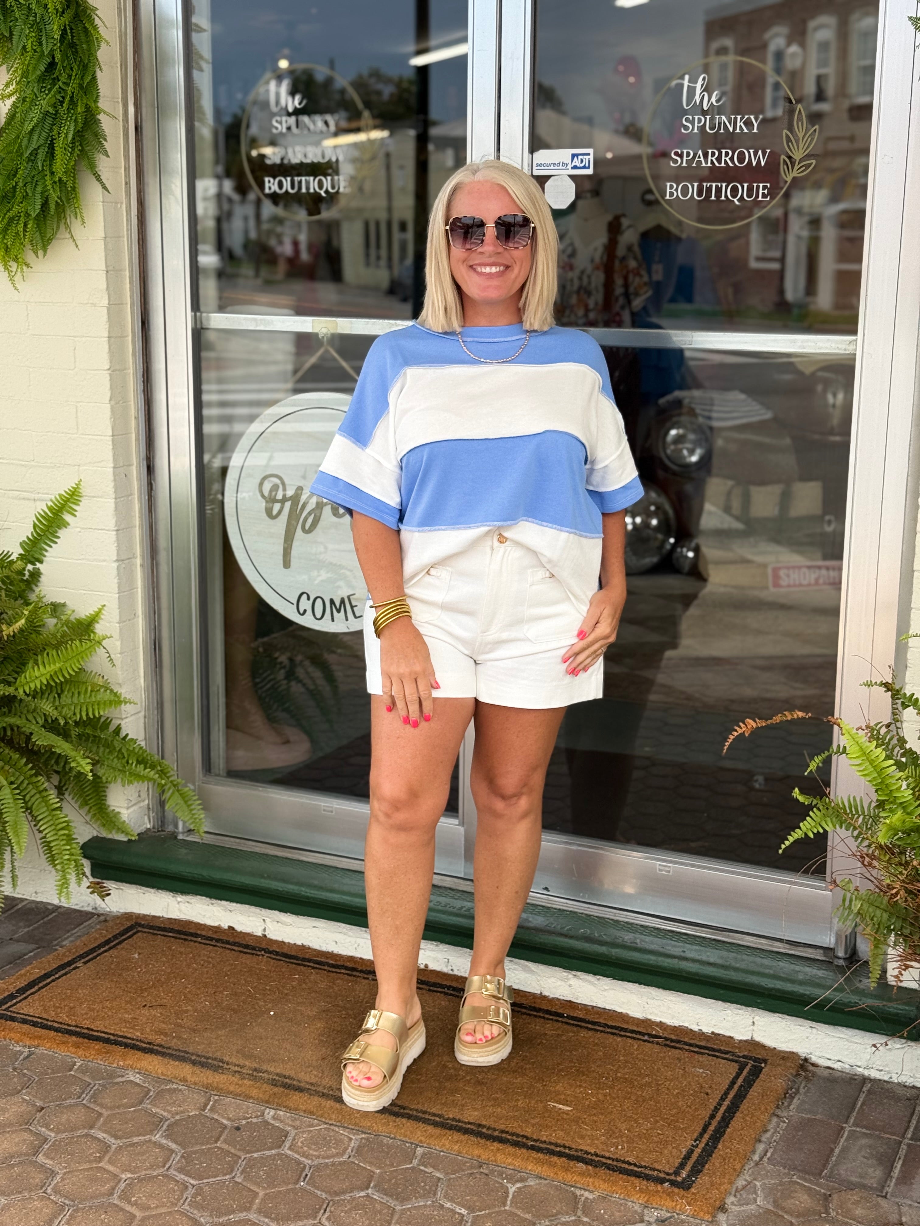 French Terry Color Block Exposed Seam Top in Cornflower Blue