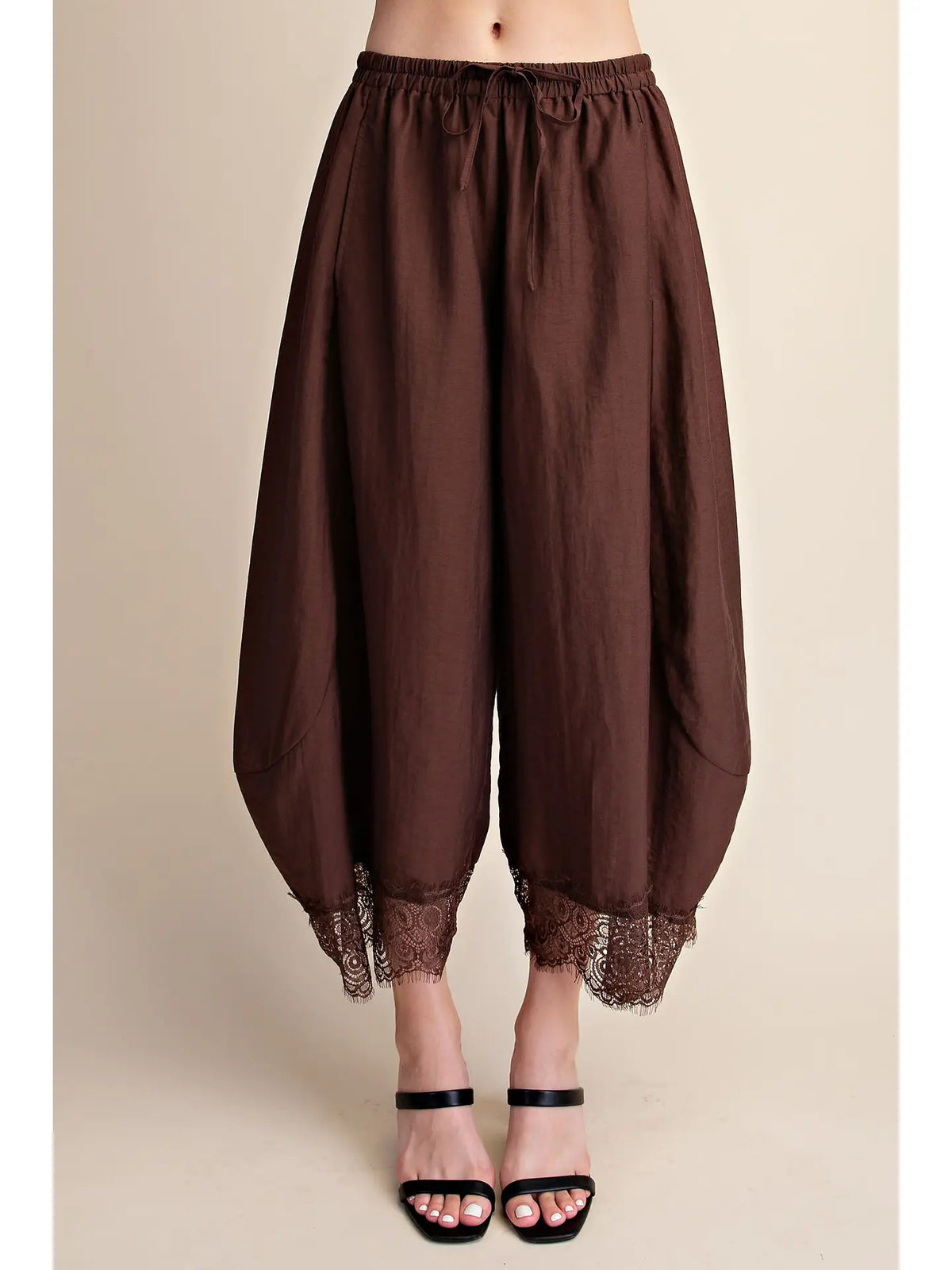 Brown Cropped Lace Trim Balloon Pants