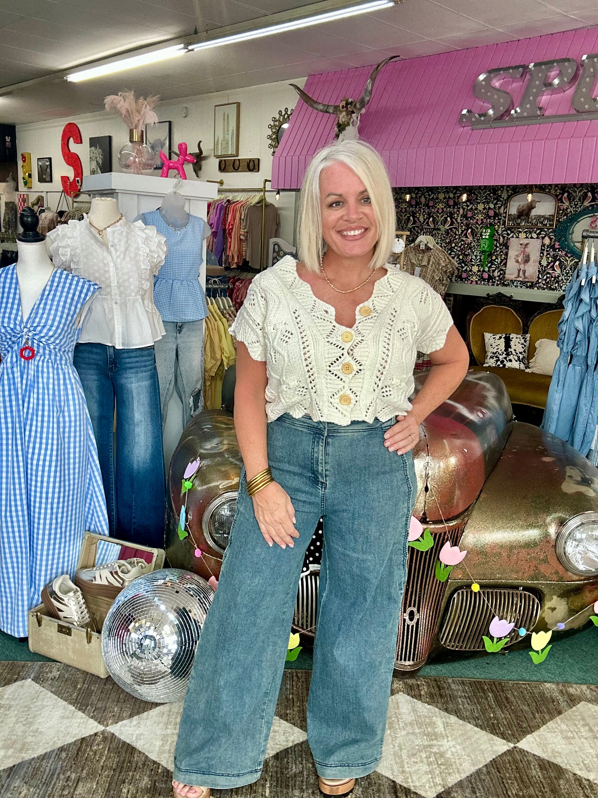 Medium Wash Wide-Leg Stretchy Denim Trousers