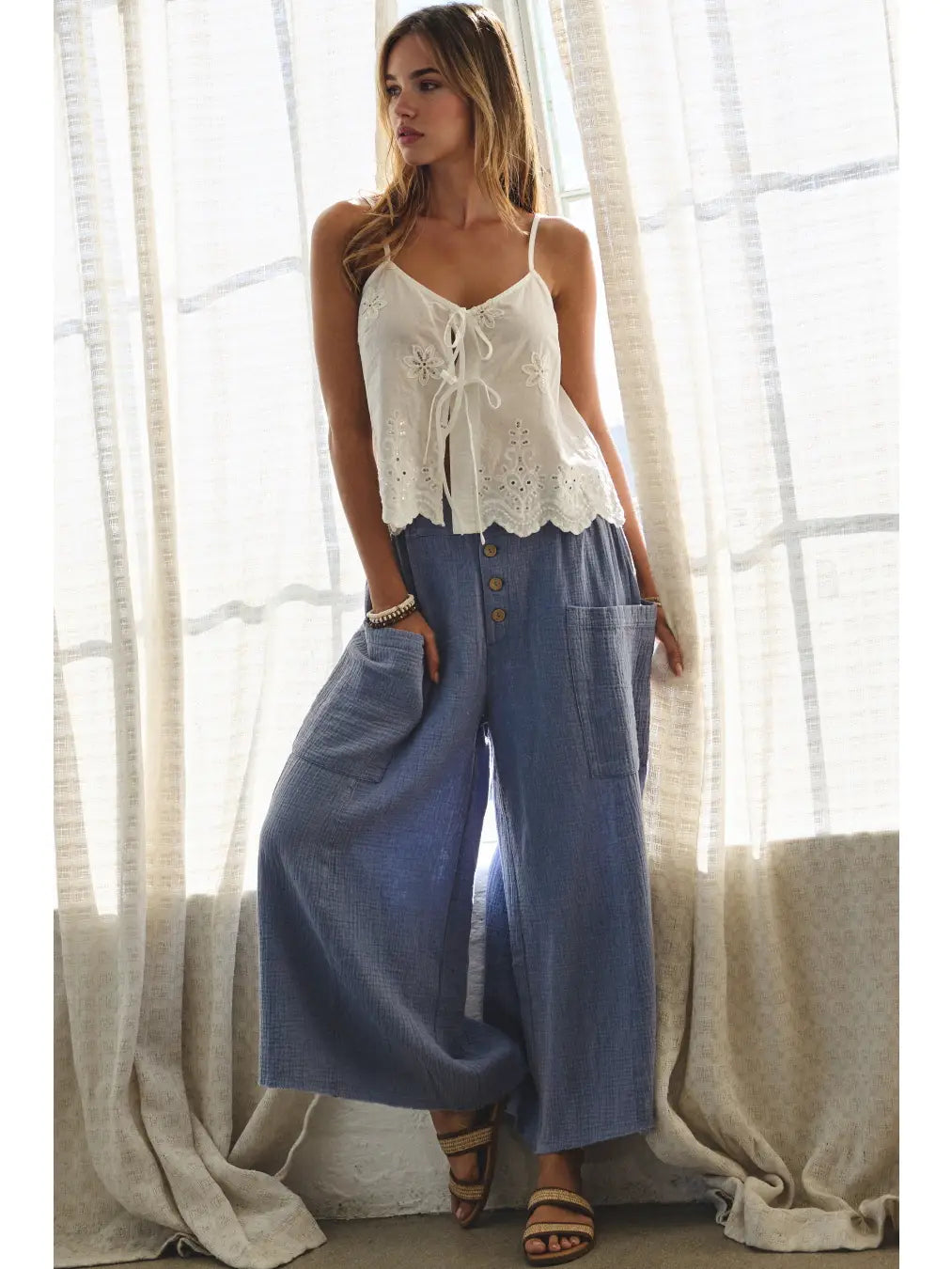 Washed Denim Cotton Gauze Pants