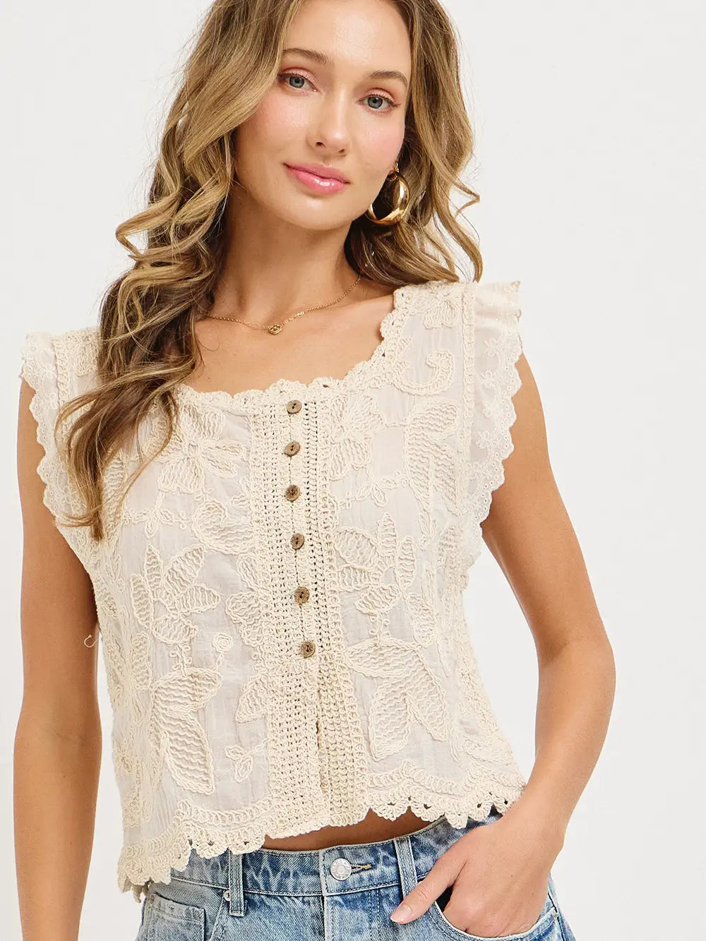 Cotton Gauze Floral Embroidery Crochet Boho Top