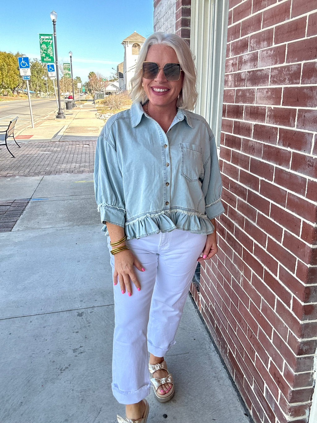 Washed Denim Ruffled Hem Button Up Shirt