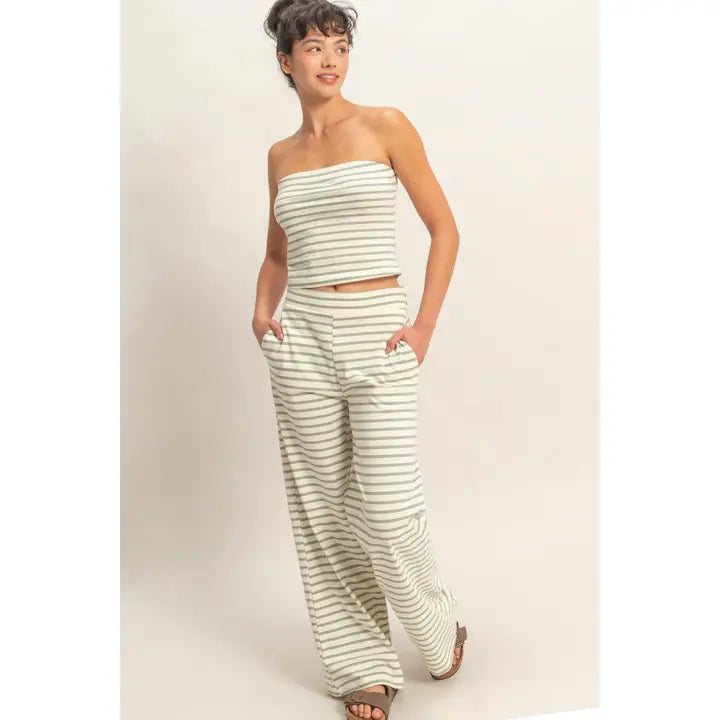 Sage Green Striped Jersey Tube Top and Pants Set