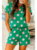 Green and Pink Polka Dot Print V Neck Tee and Shorts Set