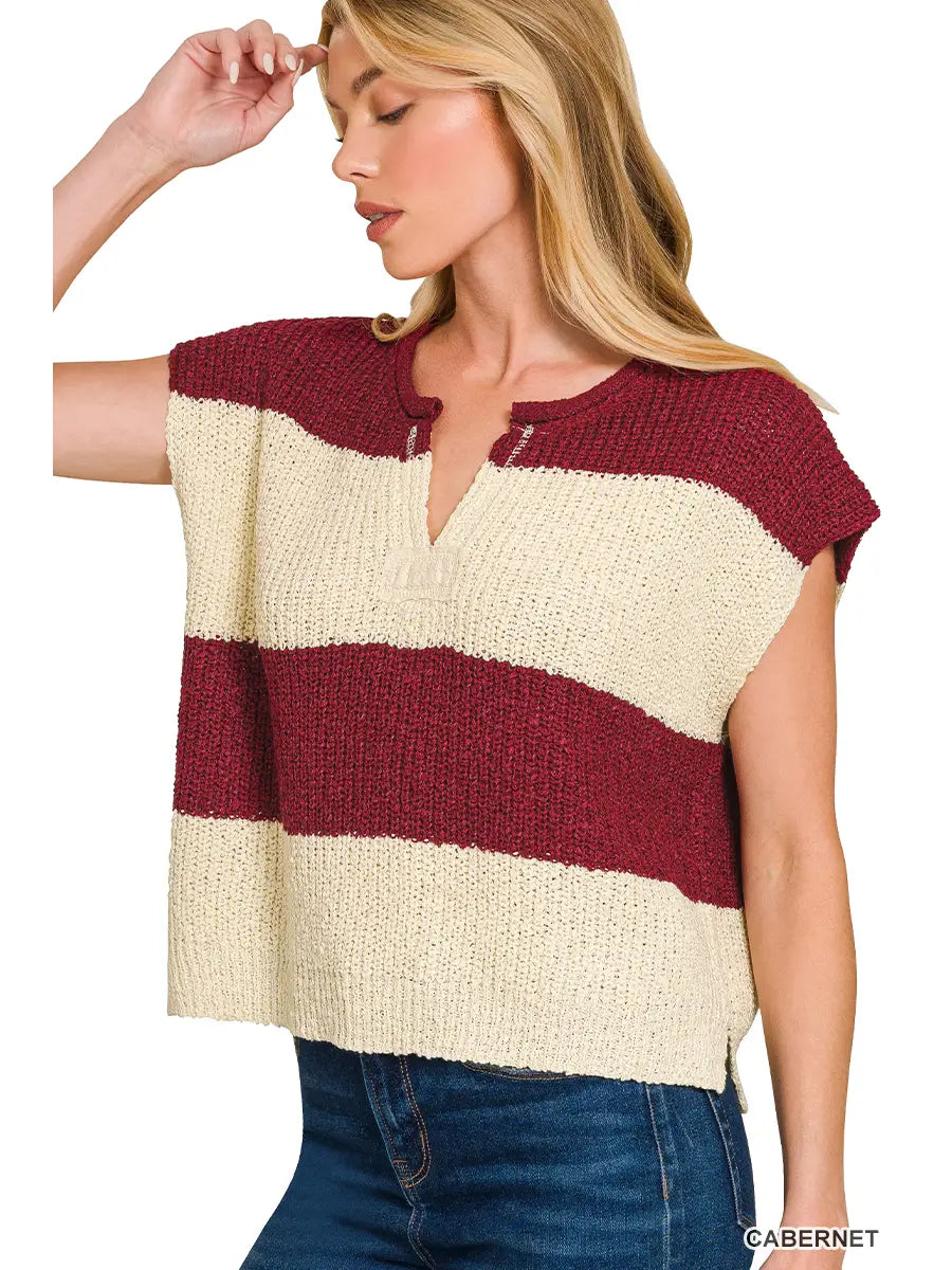 Cabernet Split Neck Sleeveless Stripe Sweater