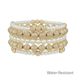 Set of 5 8MM Gold Beaded and Pearl Stretch Bracelets