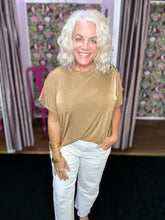 Load image into Gallery viewer, Camel Relaxed Fit Round Neck Cap Sleeves Top
