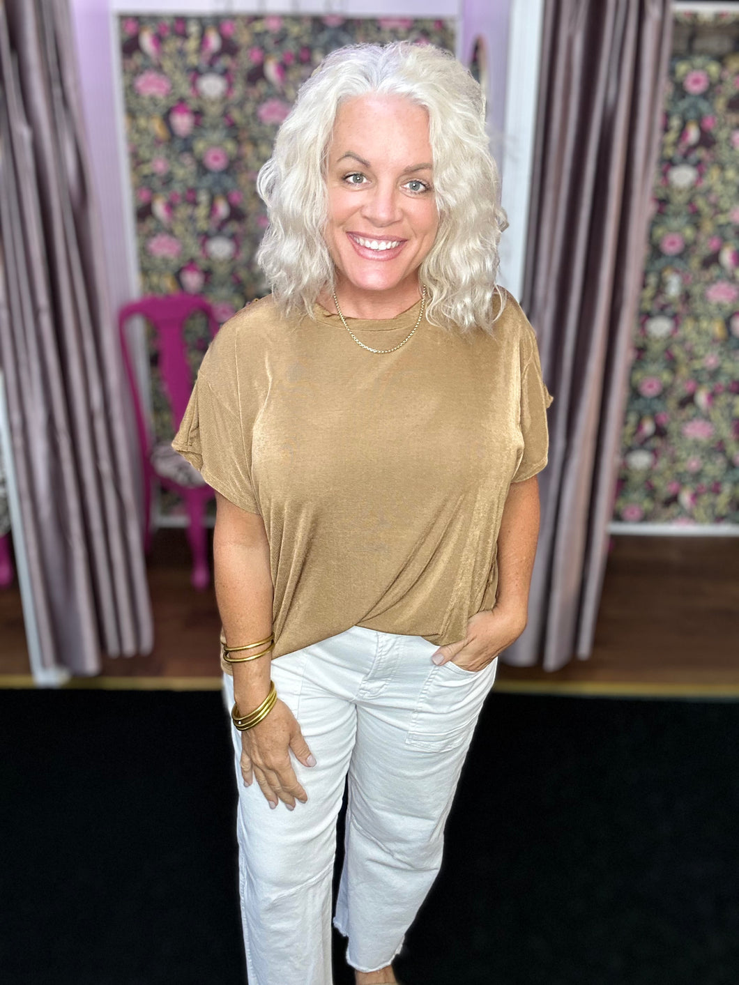 Camel Relaxed Fit Round Neck Cap Sleeves Top