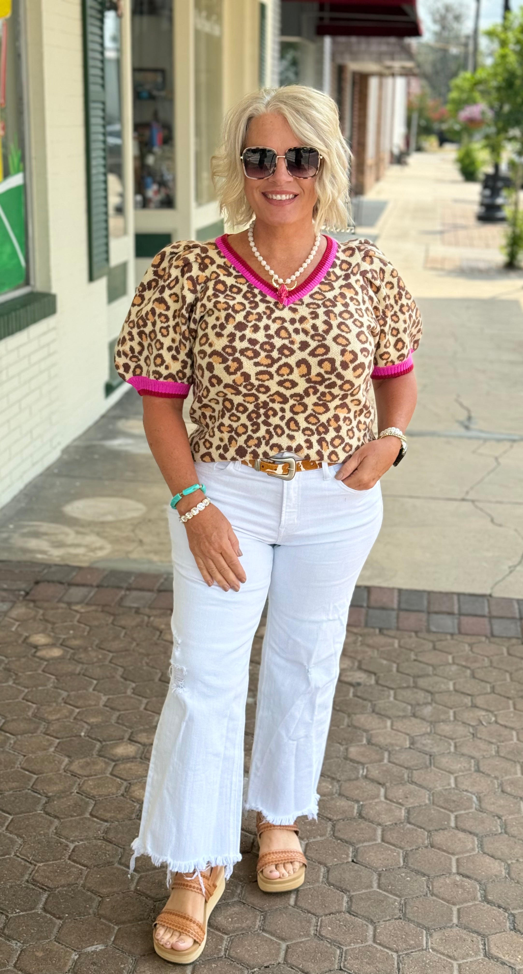 Leopard Pattern Puff Sleeve V-neck Sweater Top