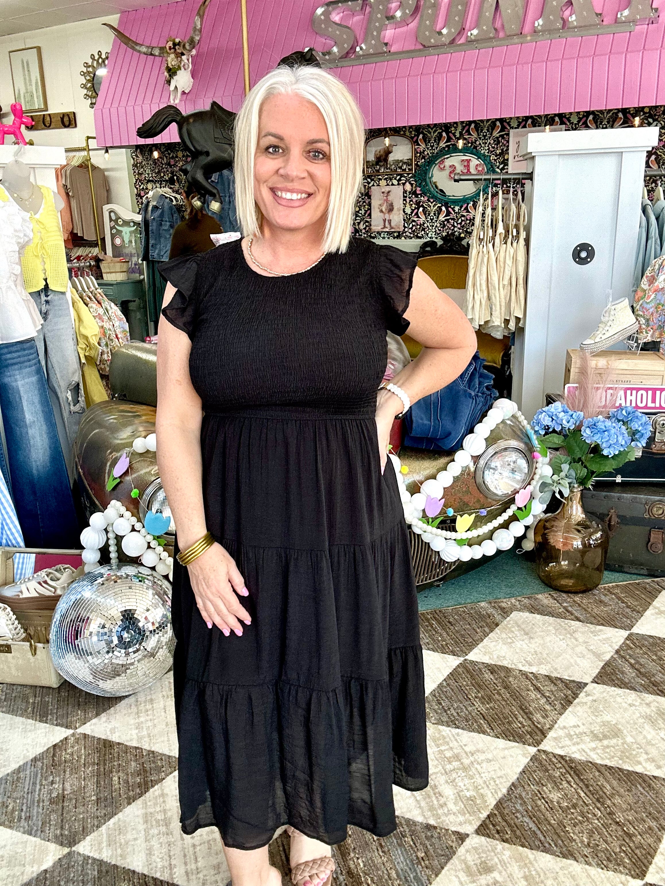 Black Tiered Smocked Short Sleeve Midi Dress
