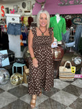 Mocha Dot Dress featuring a smocked bodice, ruffle straps, and a flowy tiered skirt in mocha and ivory polka dot print.