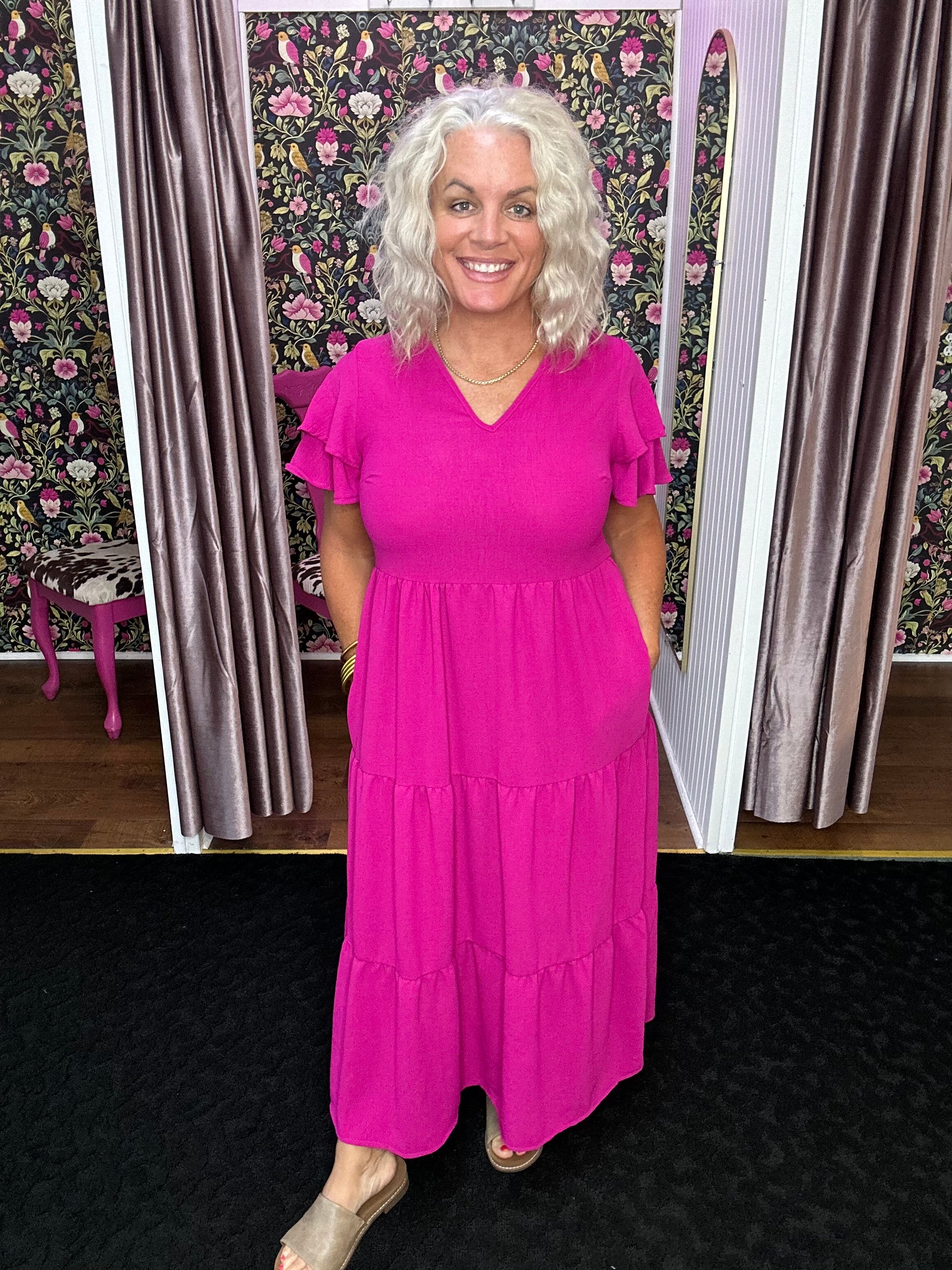 Magenta Solid Tiered Midi Dress