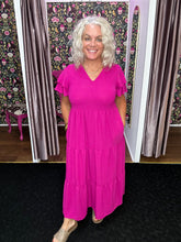Load image into Gallery viewer, Magenta Solid Tiered Midi Dress
